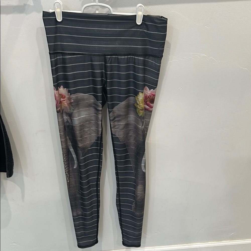 Teeki Black and Gray Striped Leggings with elephant